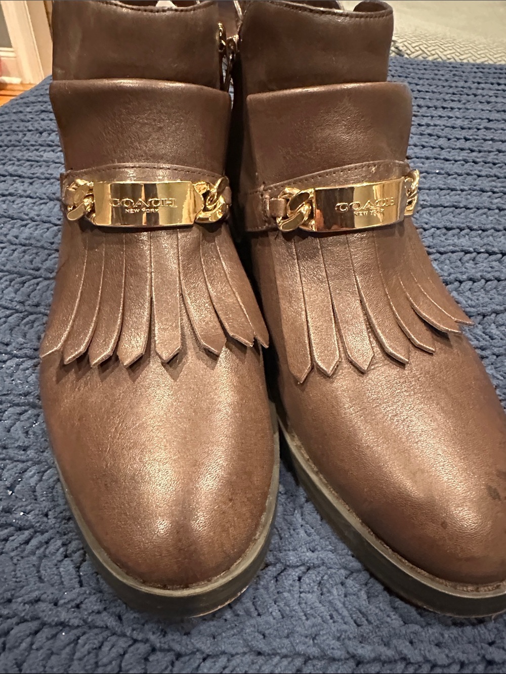 PLEASE READ Coach Brown Leather Fringe Ankle Boots with Gold Plaque